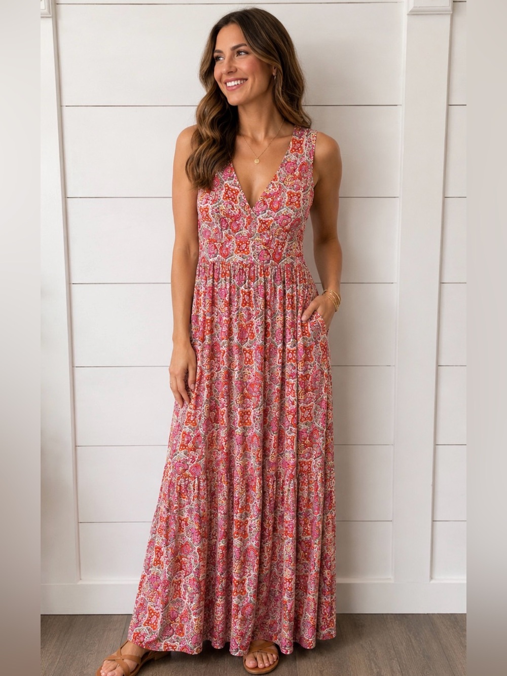 Garnet hill XL floral soft euro summer boho  stretchy V neck tiered maxi dress